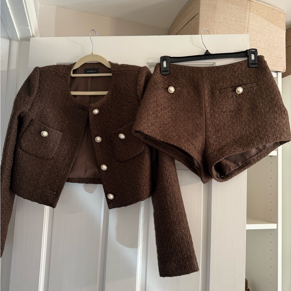 Cropped Bouclé Jacket & High-Waist Shorts Set - Brown